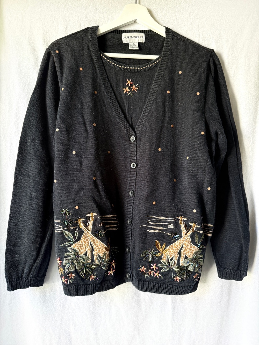 Vintage Alfred Dunner Black Embroidered Giraffe Cardigan Sweater